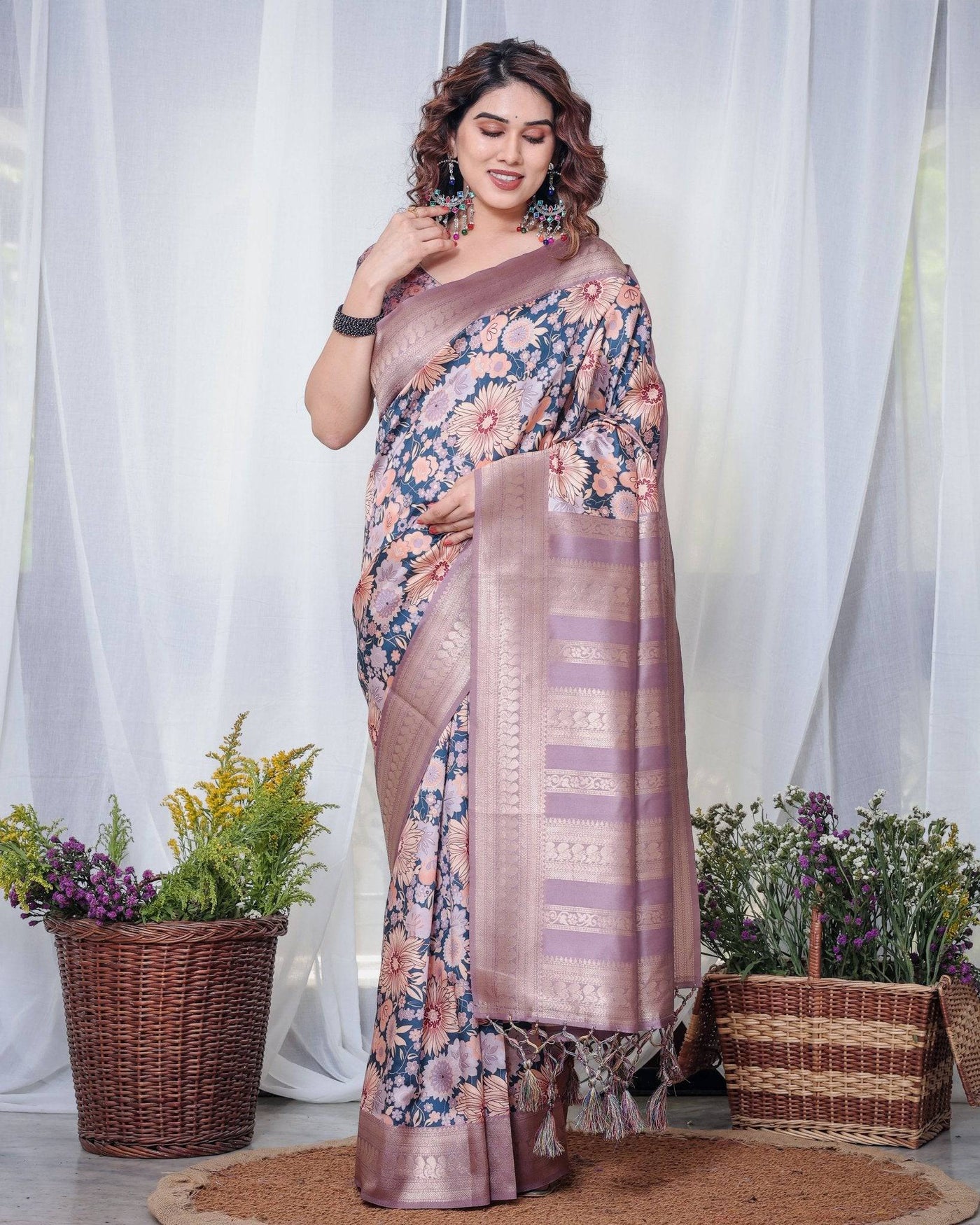 Lilac Banarasi Silk Saree with Pastel Floral Digital Print, Zari Border & Tassel Pallu