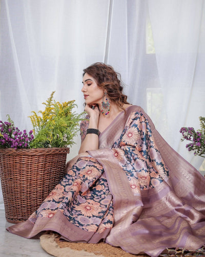 Pure Banarasi Digitally Printed Silk Saree Weaved With Zari Comes With Tassels.