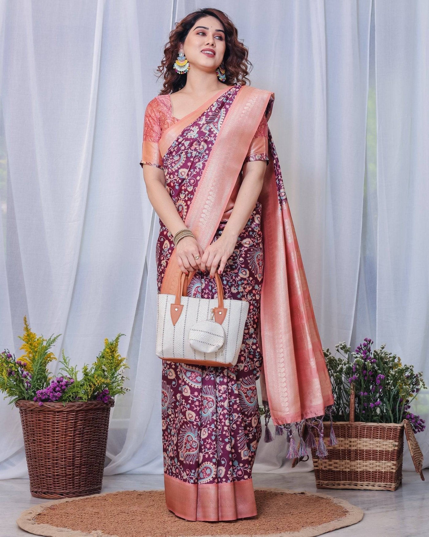 Pure Banarasi Digitally Printed Silk Saree Weaved With Zari Comes With Tassels.