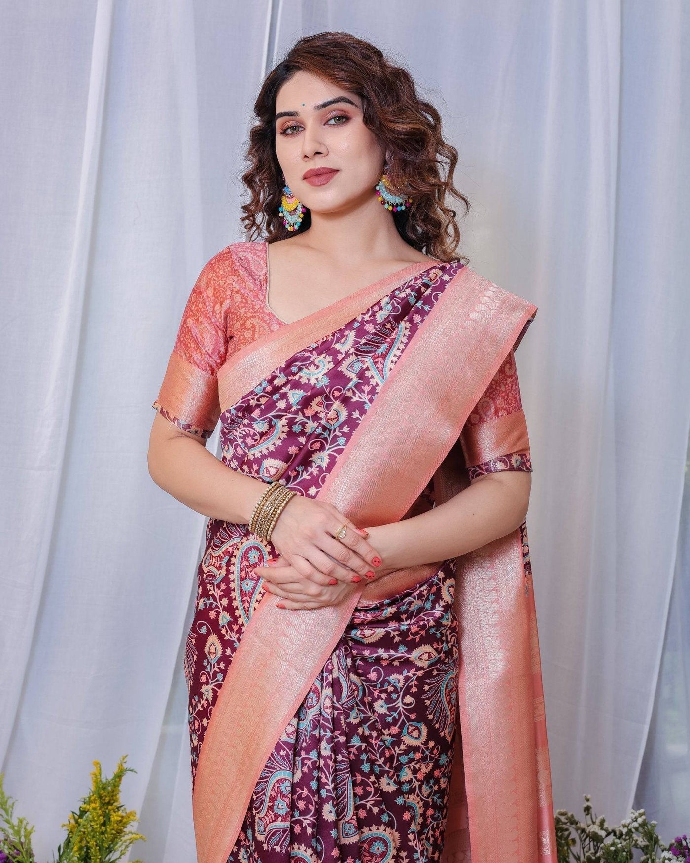 Pure Banarasi Digitally Printed Silk Saree Weaved With Zari Comes With Tassels.