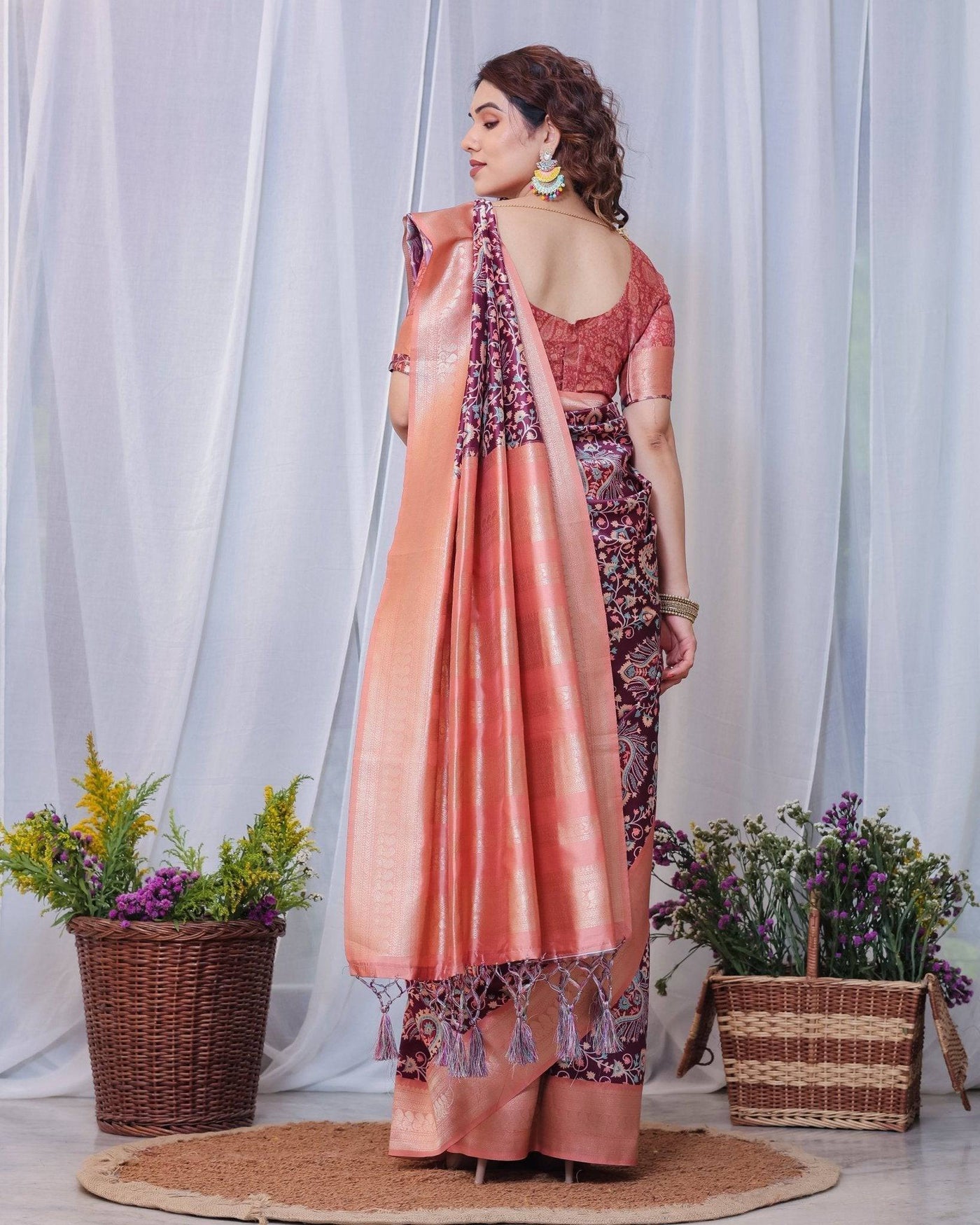 Pure Banarasi Digitally Printed Silk Saree Weaved With Zari Comes With Tassels.