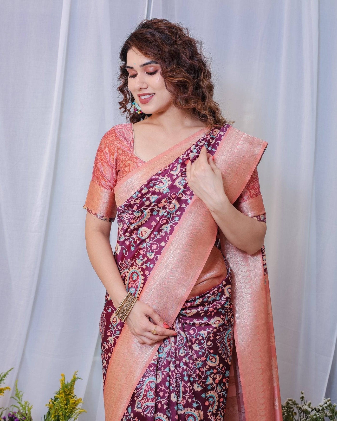 Pure Banarasi Digitally Printed Silk Saree Weaved With Zari Comes With Tassels.