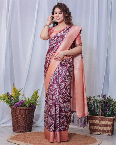 Pure Banarasi Digitally Printed Silk Saree Weaved With Zari Comes With Tassels.