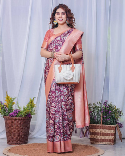 Pure Banarasi Digitally Printed Silk Saree Weaved With Zari Comes With Tassels.