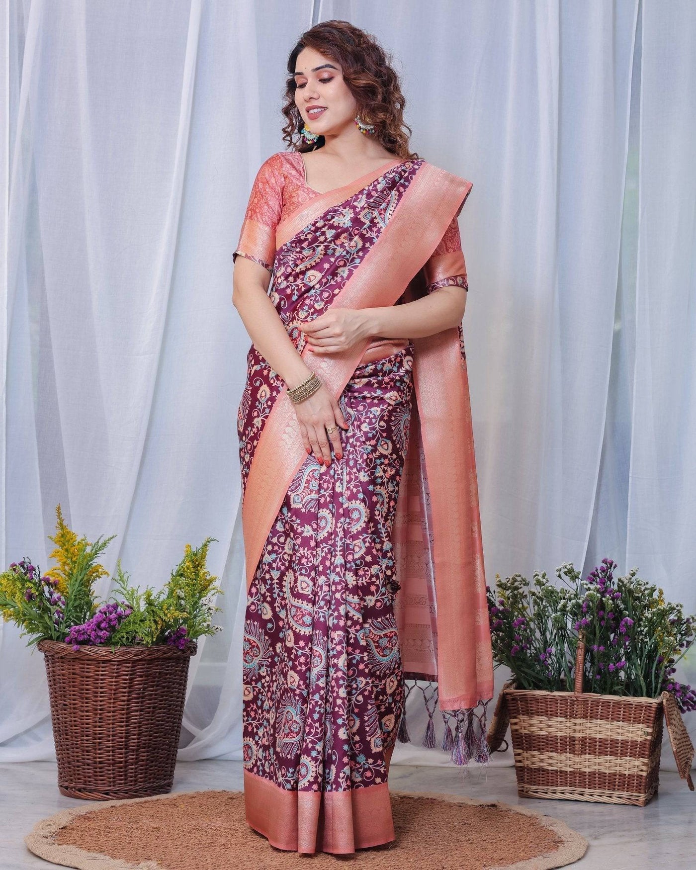 Regal Maroon and Peach Banarasi Silk Saree with Delicate Tassels