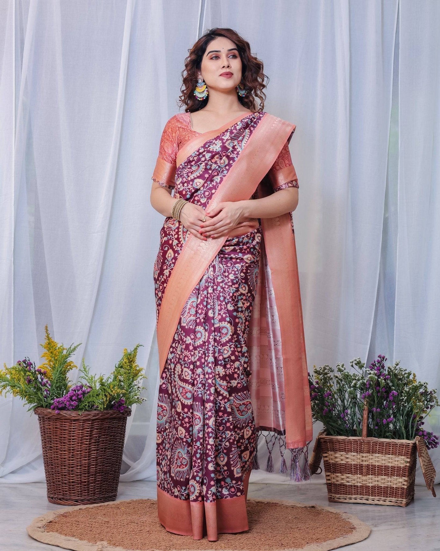 Pure Banarasi Digitally Printed Silk Saree Weaved With Zari Comes With Tassels.