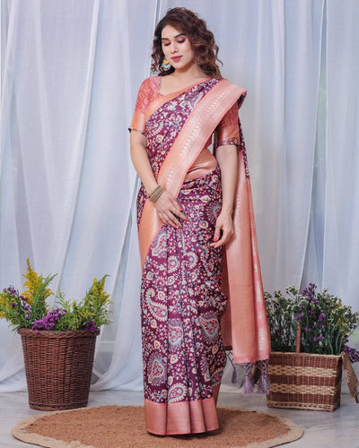 Pure Banarasi Digitally Printed Silk Saree Weaved With Zari Comes With Tassels.