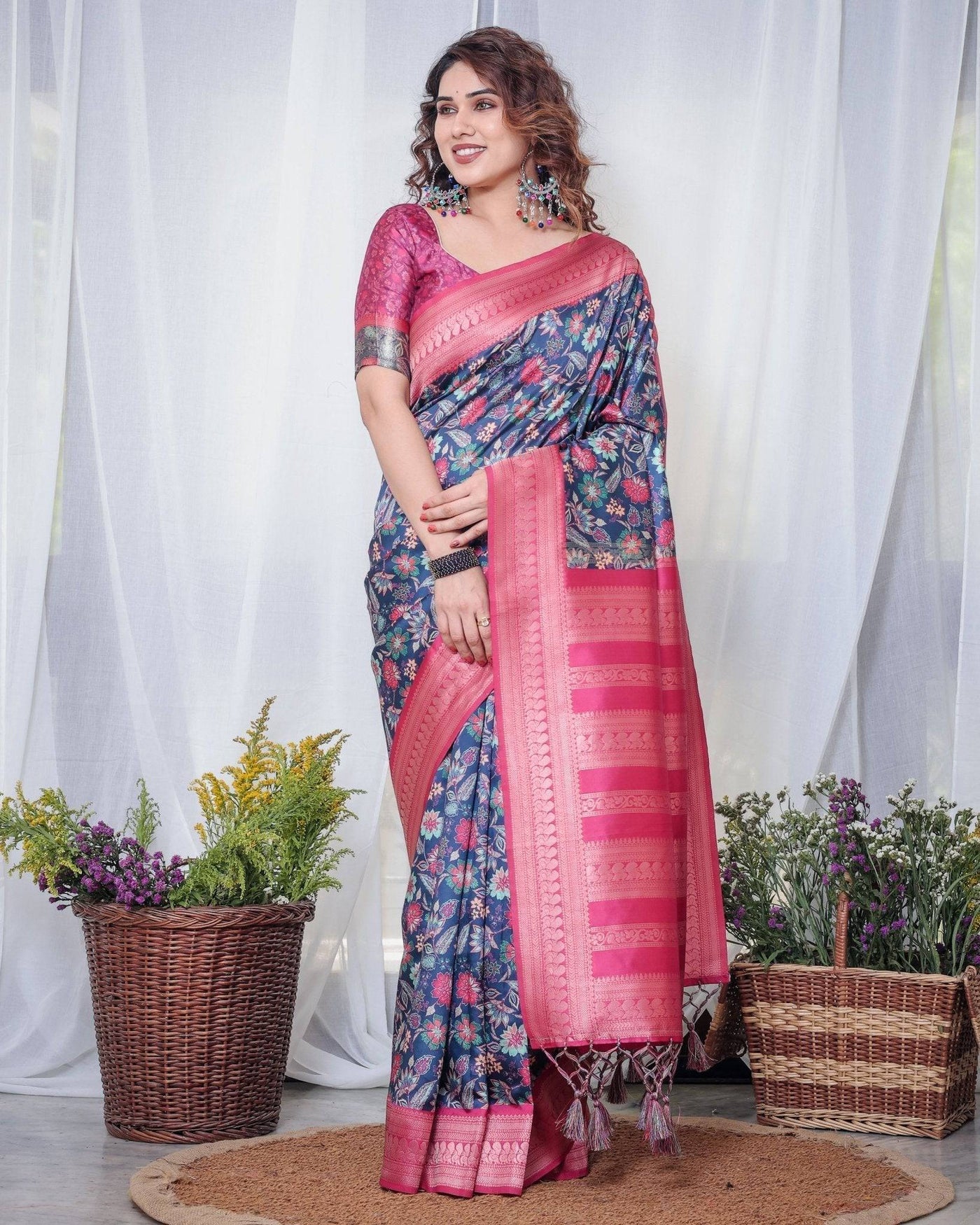 Pure Banarasi Digitally Printed Silk Saree Weaved With Zari Comes With Tassels.