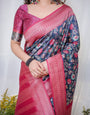 Navy Blue Banarasi Silk Saree with Floral Digital Print, Pink Zari Border & Tassel Pallu