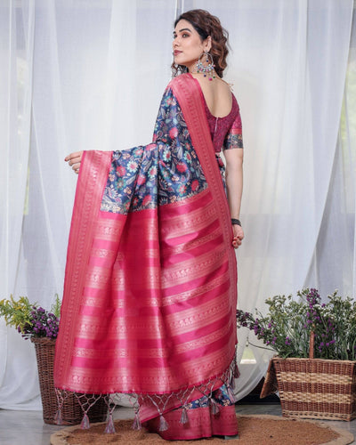 Pure Banarasi Digitally Printed Silk Saree Weaved With Zari Comes With Tassels.