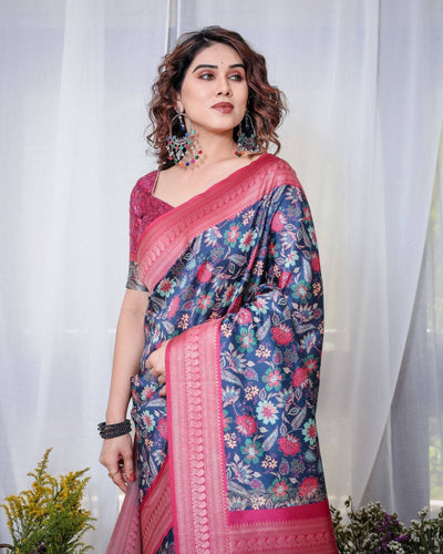 Pure Banarasi Digitally Printed Silk Saree Weaved With Zari Comes With Tassels.