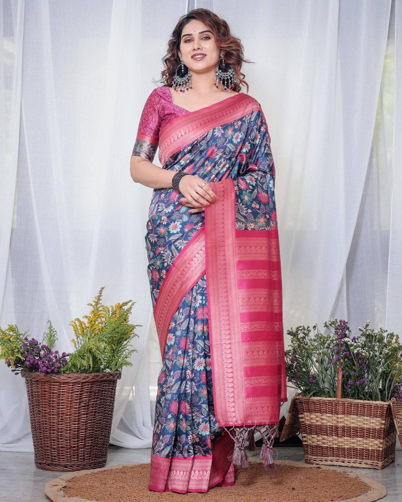 Pure Banarasi Digitally Printed Silk Saree Weaved With Zari Comes With Tassels.