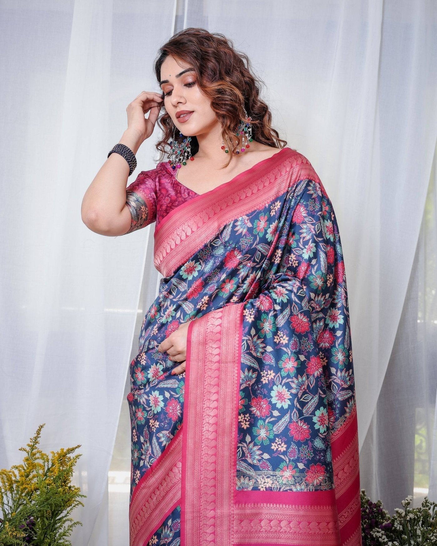 Navy Blue Banarasi Silk Saree with Floral Digital Print, Pink Zari Border & Tassel Pallu