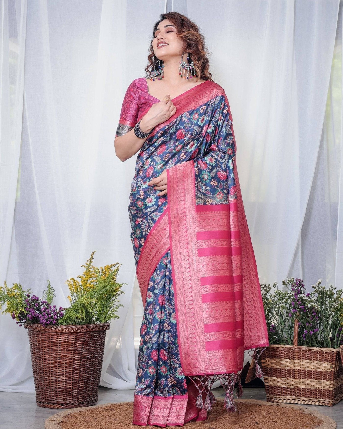 Navy Blue Banarasi Silk Saree with Floral Digital Print, Pink Zari Border & Tassel Pallu