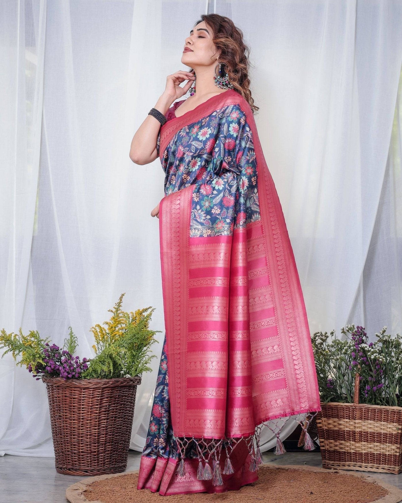 Navy Blue Banarasi Silk Saree with Floral Digital Print, Pink Zari Border & Tassel Pallu