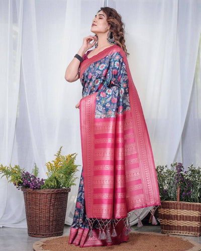 Pure Banarasi Digitally Printed Silk Saree Weaved With Zari Comes With Tassels.