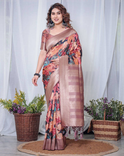 Black Banarasi Silk Saree with Exotic Leopard & Floral Digital Print, Zari Border & Tassel Pallu