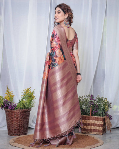 Pure Banarasi Digitally Printed Silk Saree Weaved With Zari Comes With Tassels.