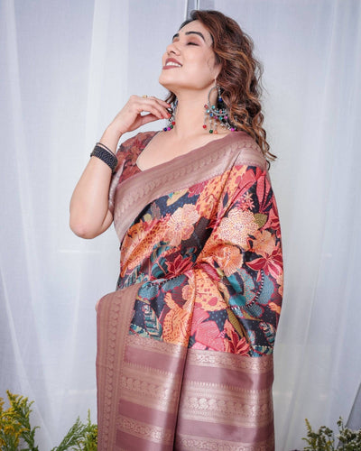 Pure Banarasi Digitally Printed Silk Saree Weaved With Zari Comes With Tassels.