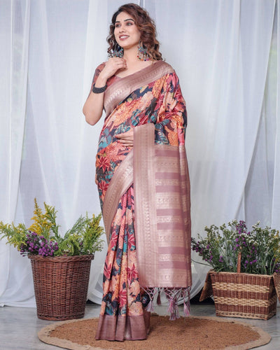 Pure Banarasi Digitally Printed Silk Saree Weaved With Zari Comes With Tassels.