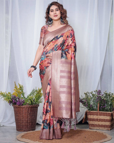 Pure Banarasi Digitally Printed Silk Saree Weaved With Zari Comes With Tassels.