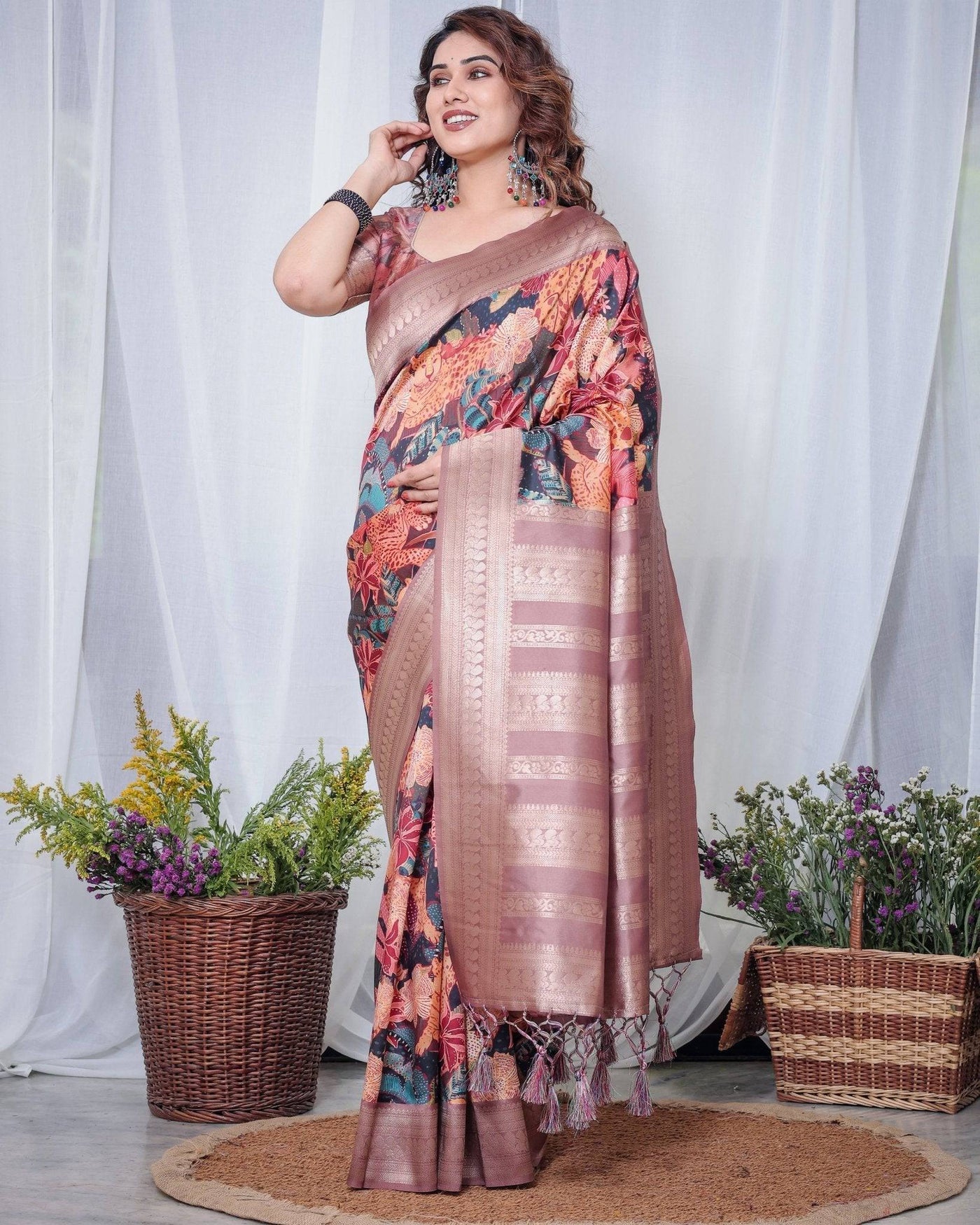 Pure Banarasi Digitally Printed Silk Saree Weaved With Zari Comes With Tassels.