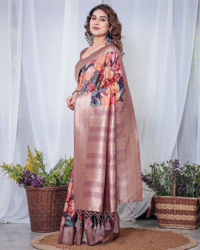 Pure Banarasi Digitally Printed Silk Saree Weaved With Zari Comes With Tassels.