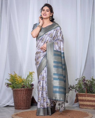 Pure Banarasi Digitally Printed Silk Saree Weaved With Zari Comes With Tassels.