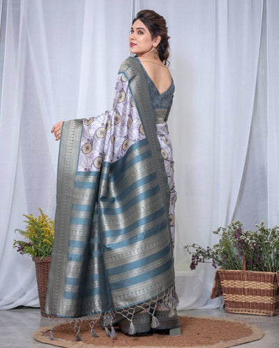 Pure Banarasi Digitally Printed Silk Saree Weaved With Zari Comes With Tassels.