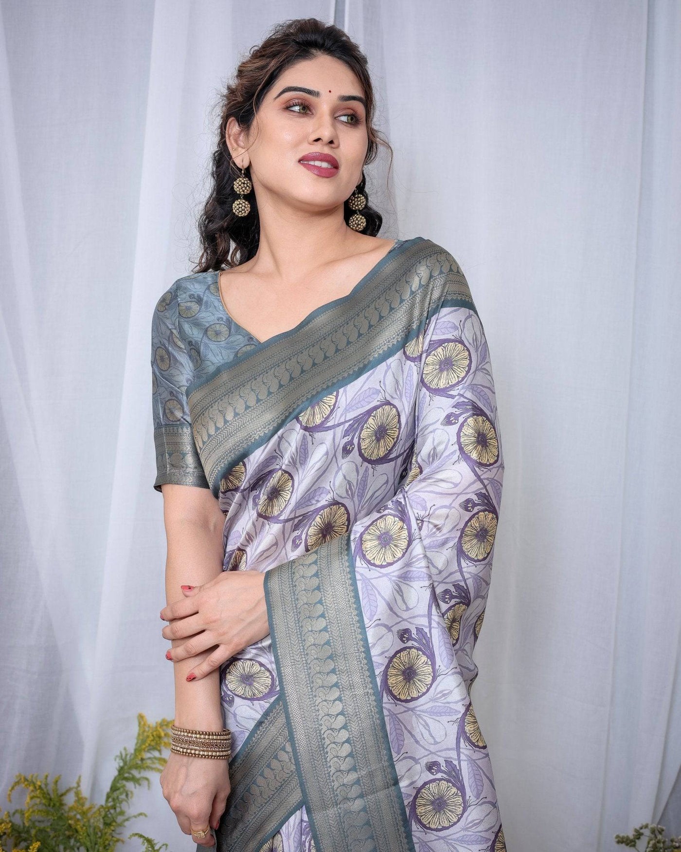 Pure Banarasi Digitally Printed Silk Saree Weaved With Zari Comes With Tassels.