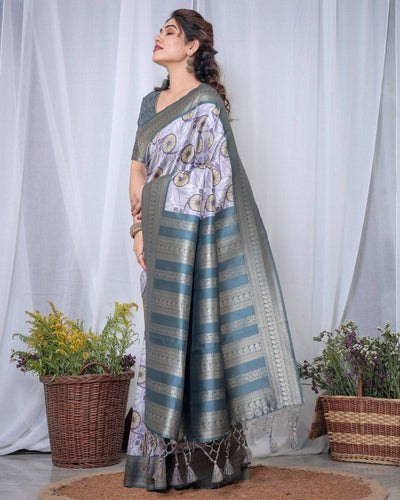 Pure Banarasi Digitally Printed Silk Saree Weaved With Zari Comes With Tassels.