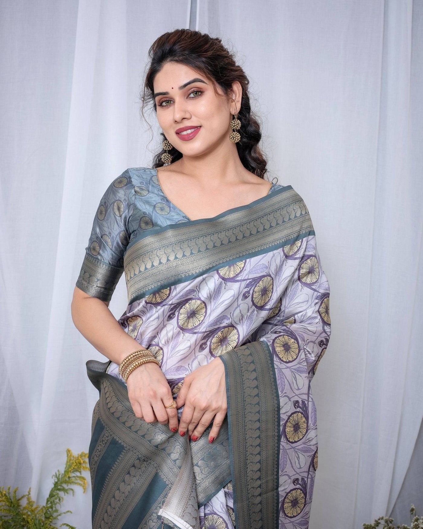 Graceful Banarasi Digitally Printed Silk Saree in Silver and Teal with Zari Work and Tassels