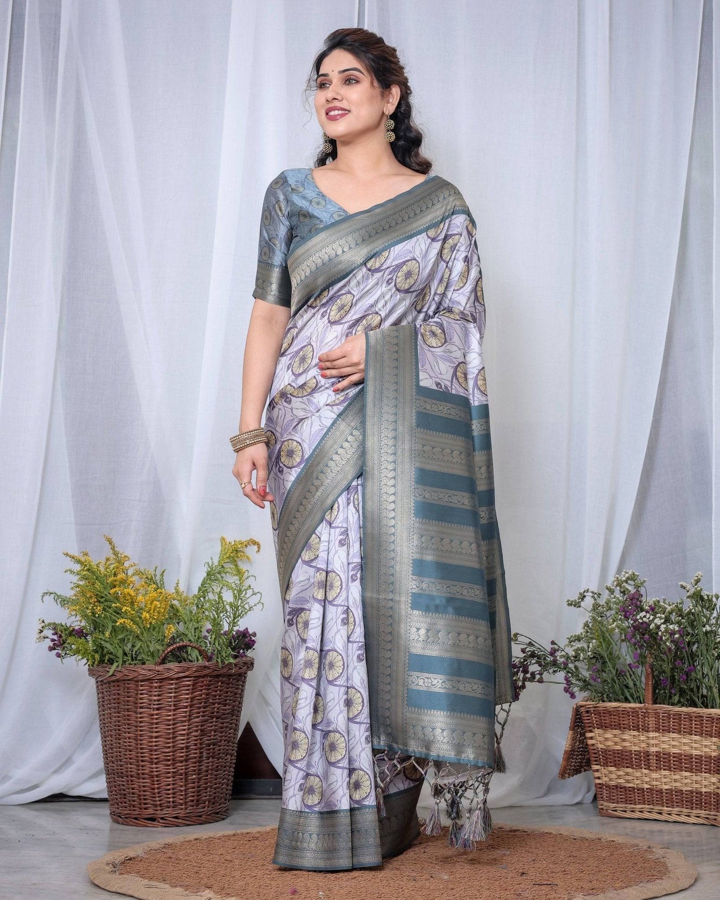 Pure Banarasi Digitally Printed Silk Saree Weaved With Zari Comes With Tassels.