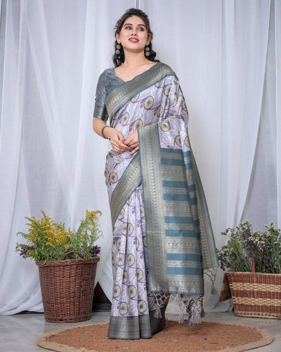 Pure Banarasi Digitally Printed Silk Saree Weaved With Zari Comes With Tassels.