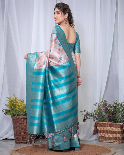 Ivory Banarasi Silk Saree with Pink Ikat Digital Print, Zari Border & Tassel Pallu