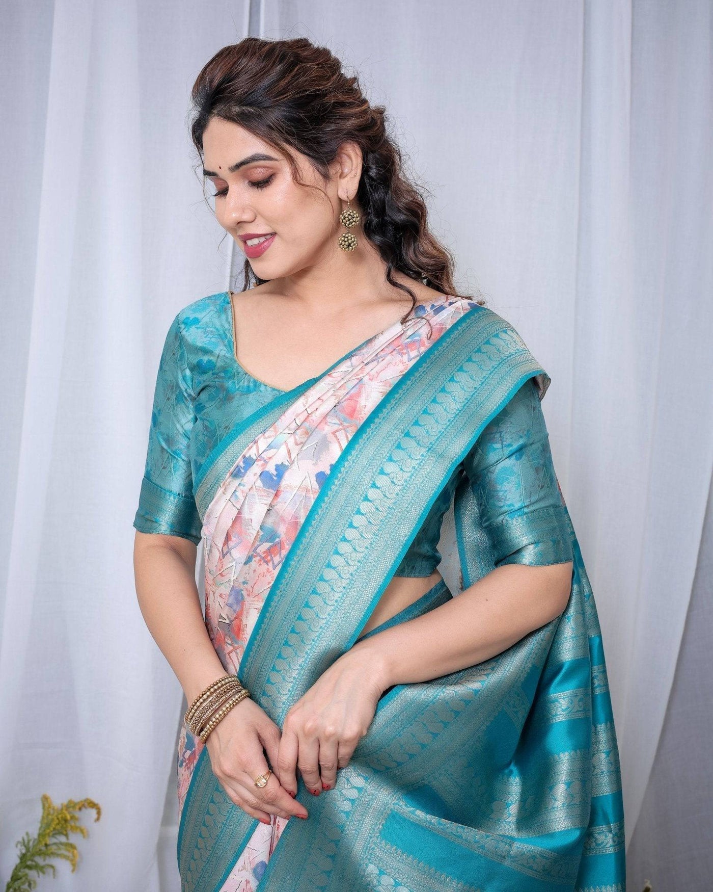 Pure Banarasi Digitally Printed Silk Saree Weaved With Zari Comes With Tassels.