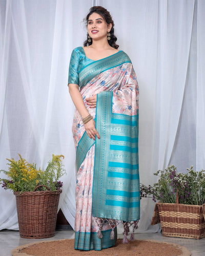 Ivory Banarasi Silk Saree with Pink Ikat Digital Print, Zari Border & Tassel Pallu