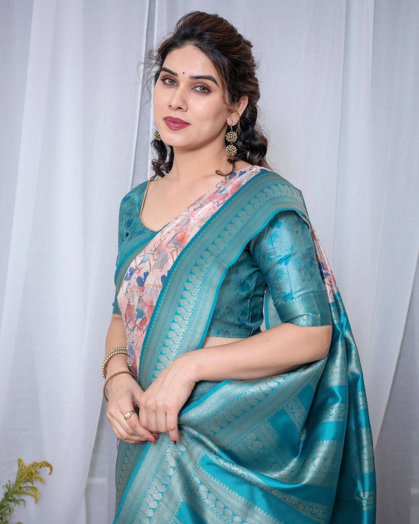 Pure Banarasi Digitally Printed Silk Saree Weaved With Zari Comes With Tassels.