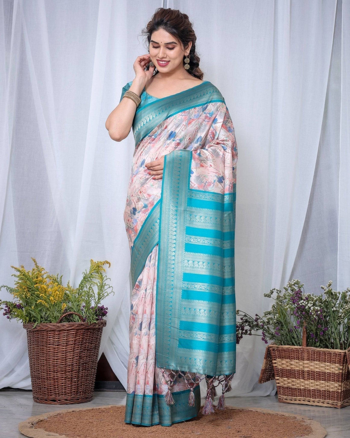 Pure Banarasi Digitally Printed Silk Saree Weaved With Zari Comes With Tassels.