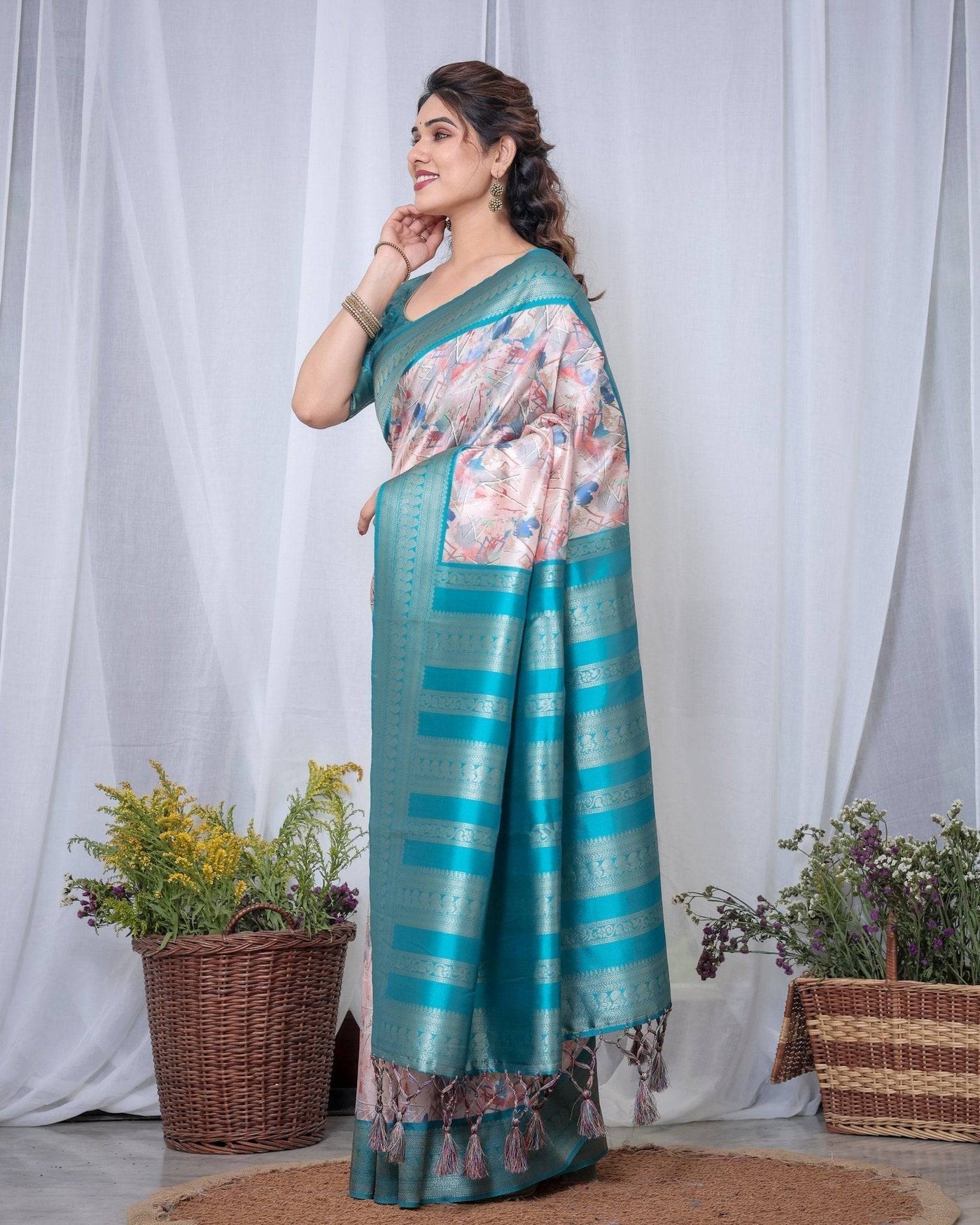 Pure Banarasi Digitally Printed Silk Saree Weaved With Zari Comes With Tassels.