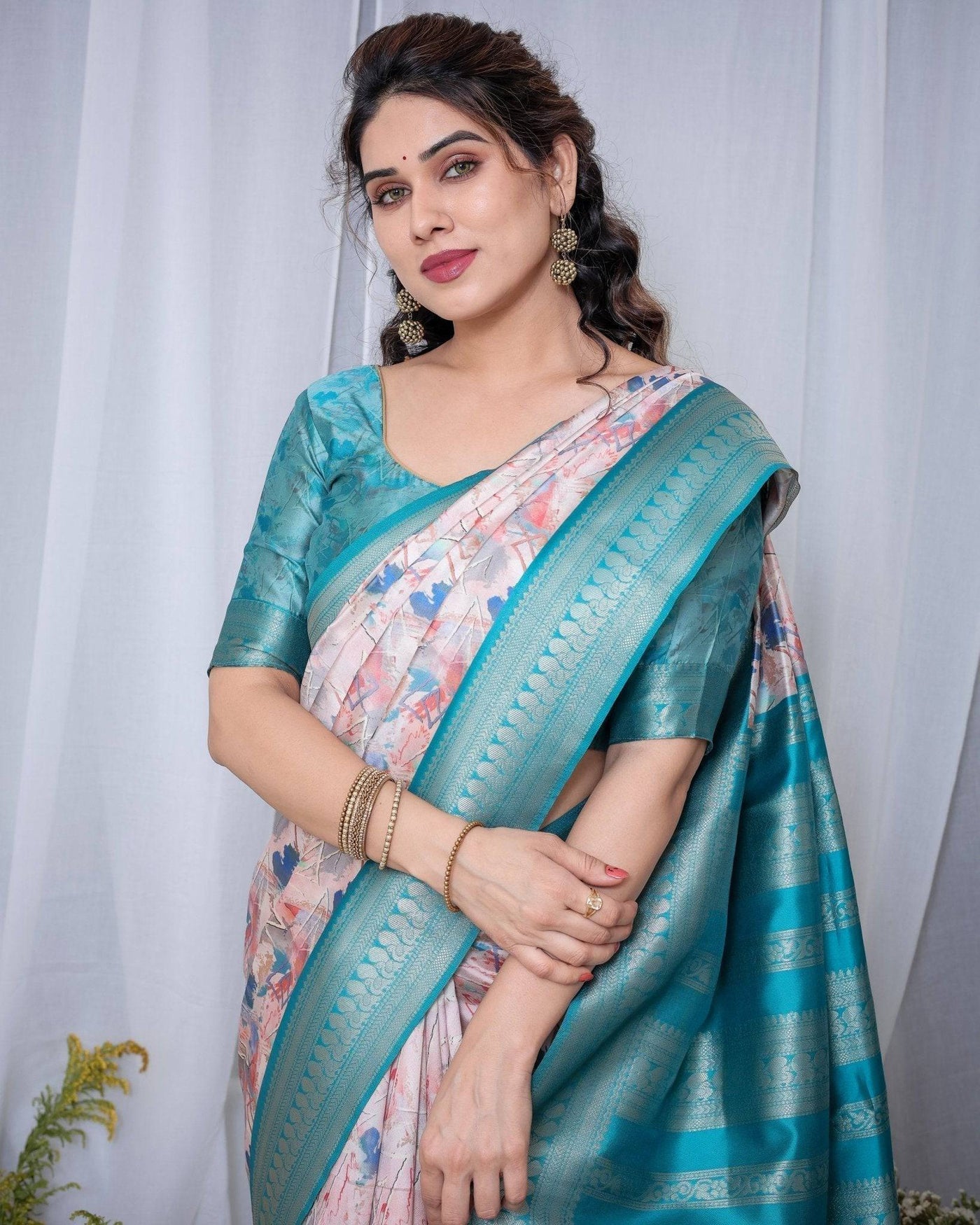 Ivory Banarasi Silk Saree with Pink Ikat Digital Print, Zari Border & Tassel Pallu