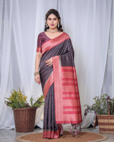 Pure Banarasi Digitally Printed Silk Saree Weaved With Zari Comes With Tassels.