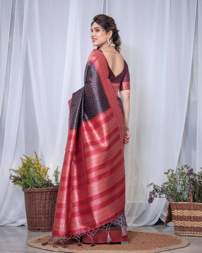 Pure Banarasi Digitally Printed Silk Saree Weaved With Zari Comes With Tassels.