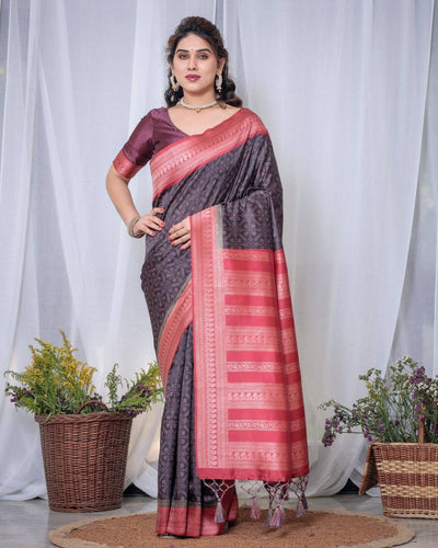 Pure Banarasi Digitally Printed Silk Saree Weaved With Zari Comes With Tassels.