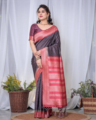 Pure Banarasi Digitally Printed Silk Saree Weaved With Zari Comes With Tassels.