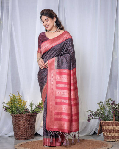 Pure Banarasi Digitally Printed Silk Saree Weaved With Zari Comes With Tassels.