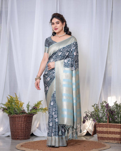 Pure Banarasi Digitally Printed Silk Saree Weaved With Zari Comes With Tassels.