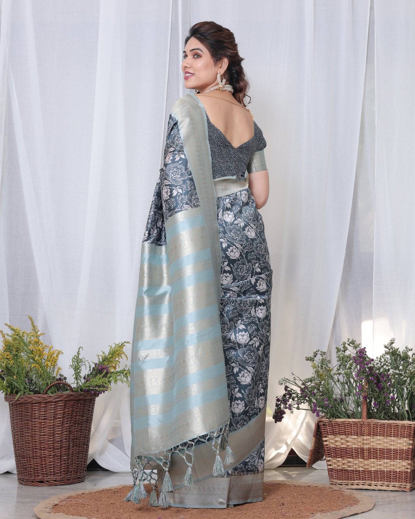 Pure Banarasi Digitally Printed Silk Saree Weaved With Zari Comes With Tassels.