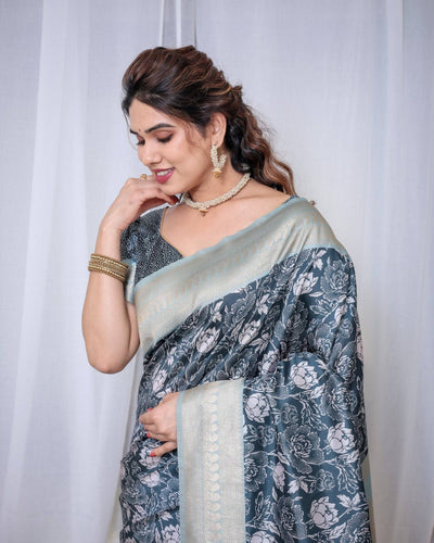 Timeless Blue and Silver Banarasi Silk Saree with Floral Design and Tassels