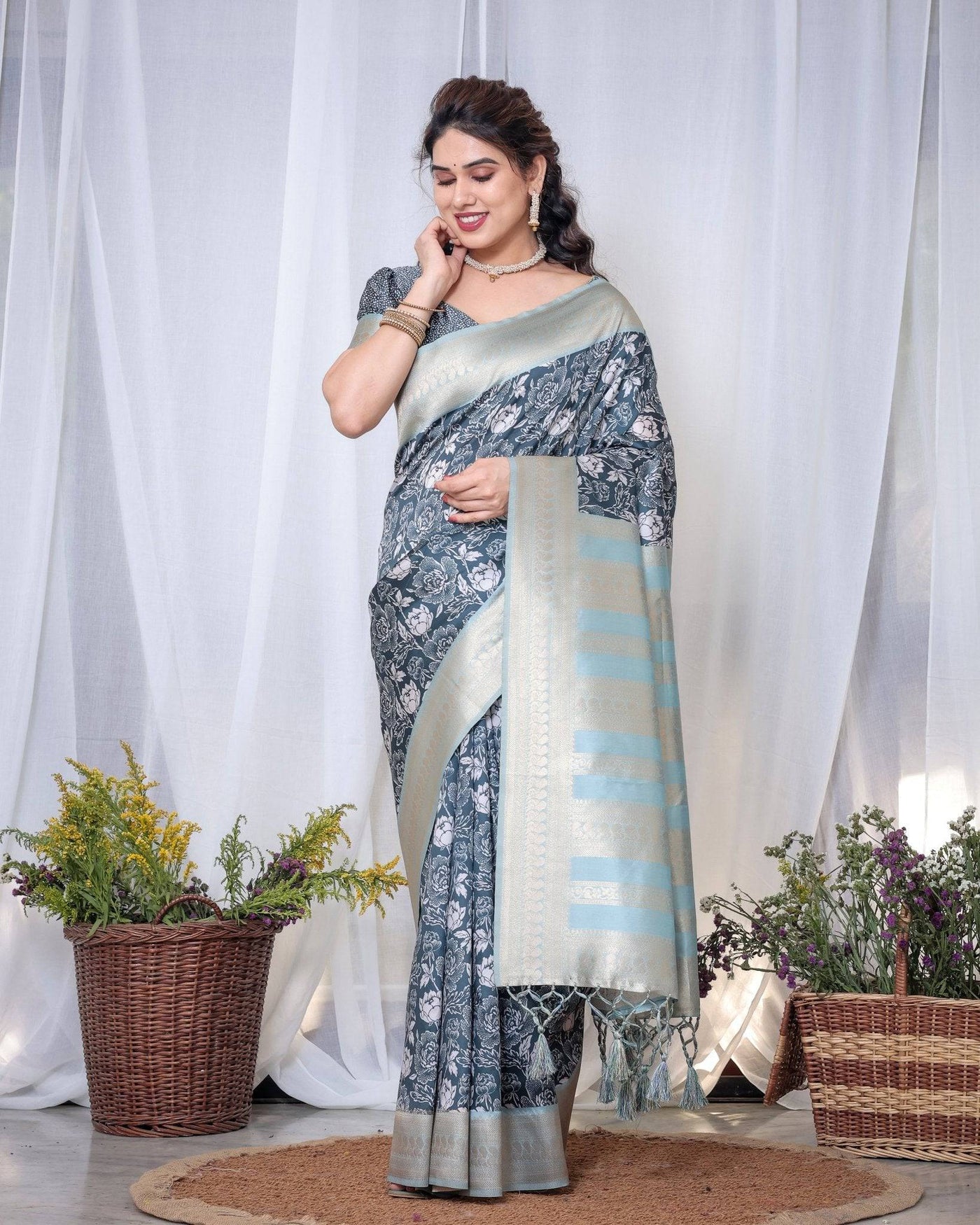 Pure Banarasi Digitally Printed Silk Saree Weaved With Zari Comes With Tassels.